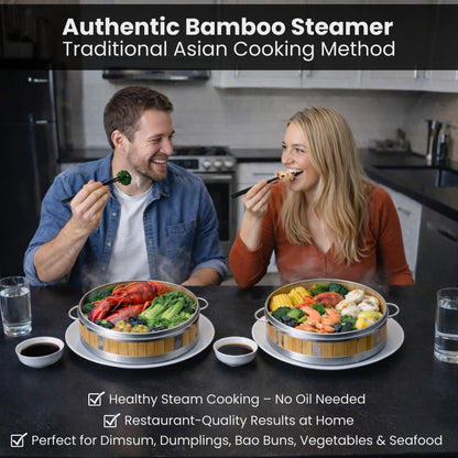 Bamboo Steamer 10" - Heavy-Duty Dumpling Steamer Basket, 2 Tier Bamboo Steamers for Cooking & Steaming Dim Sum, Bao Bun, Gyoza, Shumai & Vegetables - 10 Inch Steam Baskets with Handles & Accessories Set