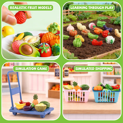 Mini Shopping Cart Basket, Miniature Grocery Toys 3 Supermarket Shelves Play Store 100+ Fruit Vegetable Cake Bread Mini Food Miniature Dollhouse Accessories with Push Cart