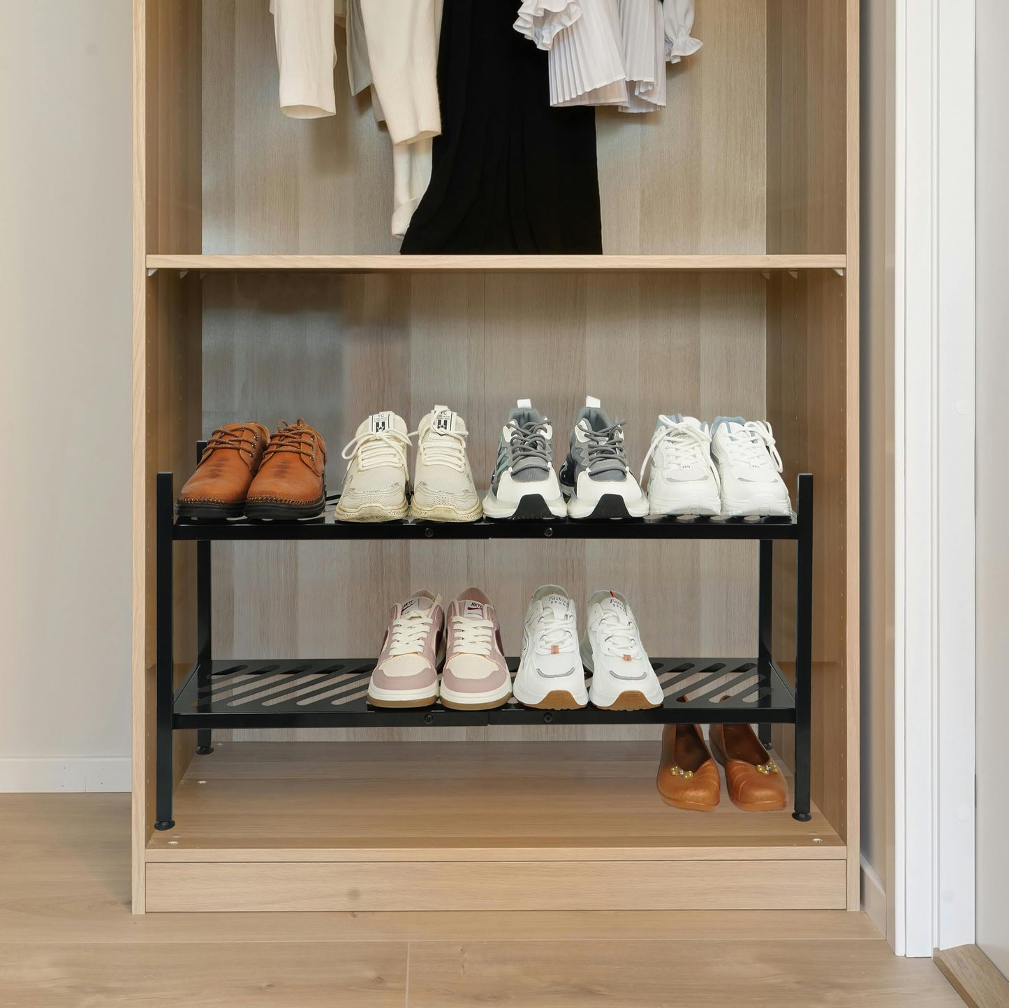 Nijoam Shoe Rack - Metal Shoe Organizer 2 Tier Shoes Shelf Storage, 35 Inches Stackable Long Show Stand Holder for Closet, Entryway, Garage, Floor, Door Entrance, Black