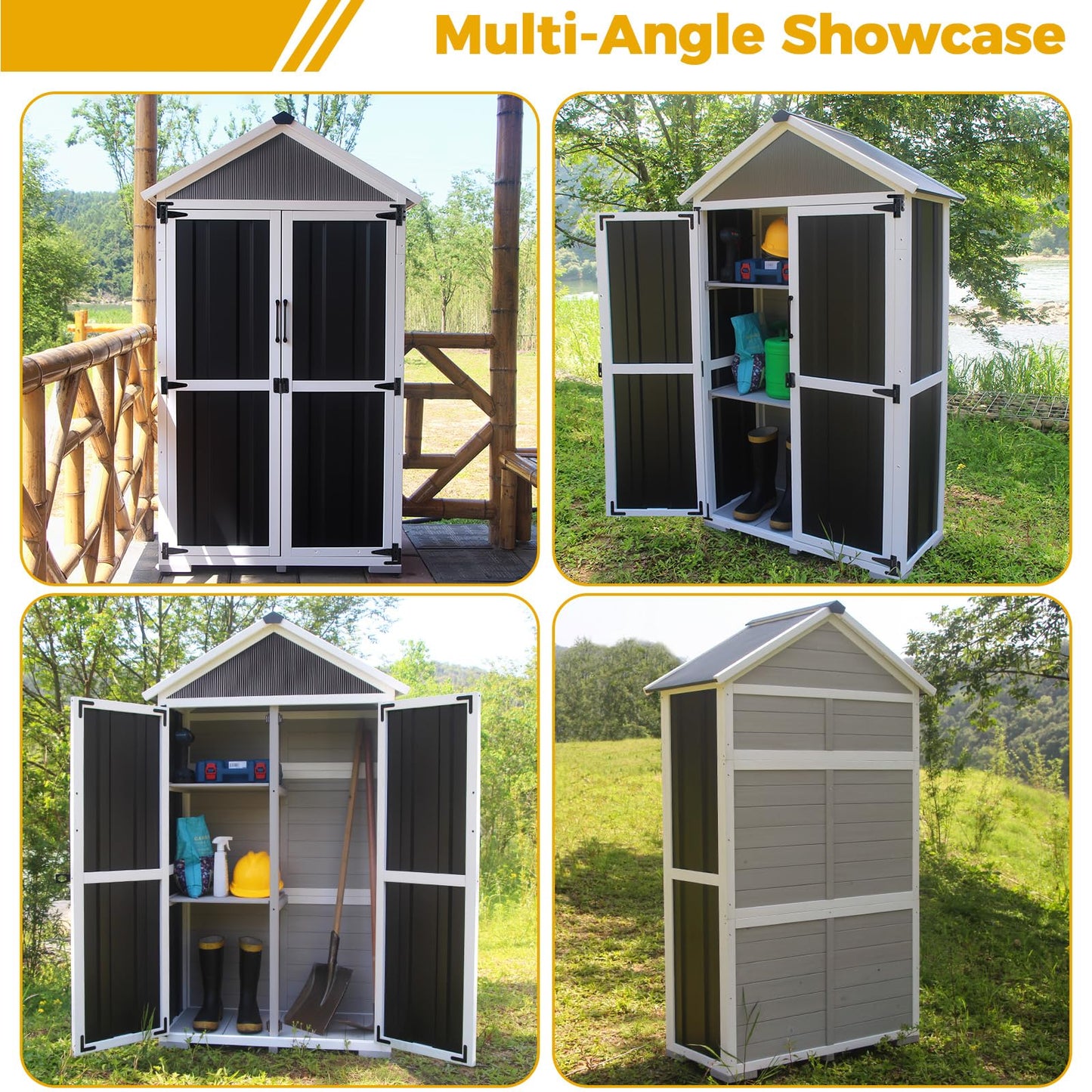 Outdoor Storage shed Small Storage shed with Floor Wooden Frame Lockable Metal Door Adjustable Shelves Cabinets Waterproof Large Capacity Storage Tool Cabinet Box for Backyard Garden Patio Lawn