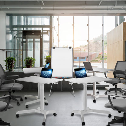 AVLT 44-inch Ambidextrous Pneumatic Laptop Standing Desk Cart (3 ft 8 in), Mobile Rolling Desk with Adjustable Height, Folding Computer & Projector Cart, White Cart with Brakes