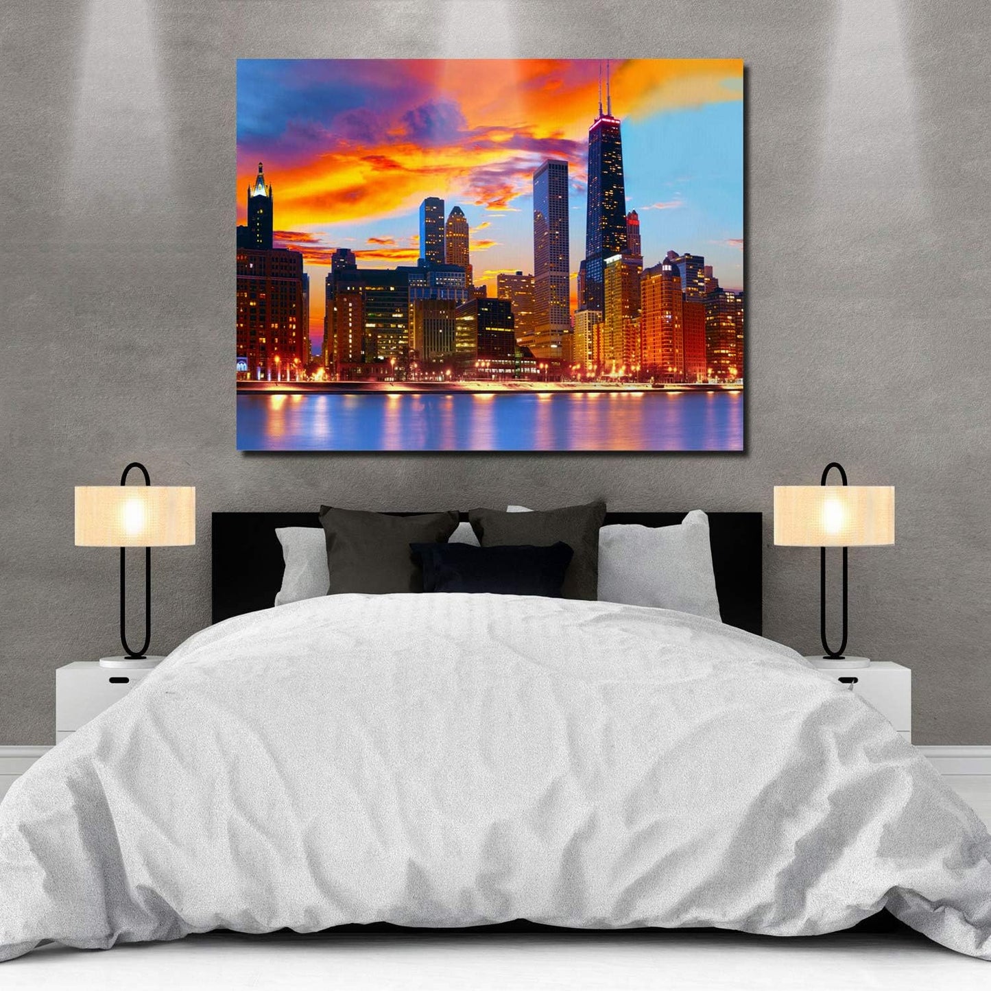 Canvas Wall Art - Chicago Skyline at Dusk, Modern Gallery Decor, Stretched and Framed 12" x 16"