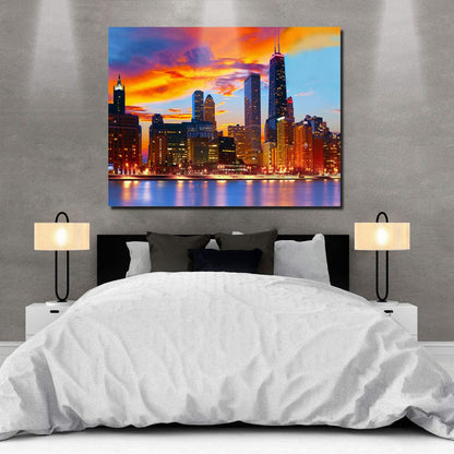Canvas Wall Art - Chicago Skyline at Dusk, Modern Gallery Decor, Stretched and Framed 12" x 16"