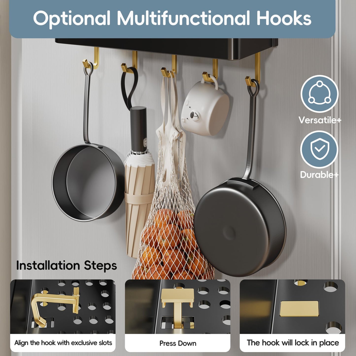 Evemlceol Magnetic Spice Rack for Refrigerator 2 Pack Large Magnet Shelf for Fridge Kitchen Storage Organization with 10 Removable Golden Hooks