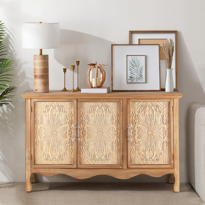 RoyalCraft Farmhouse Sideboard Buffet Cabinet with Storage, 49" Solid Wood Credenza Buffet Table Coffee Bar Wine Bar Storage Cabinet with 3 Doors for Dining Room Living Room Hallway, (Provence Grain)