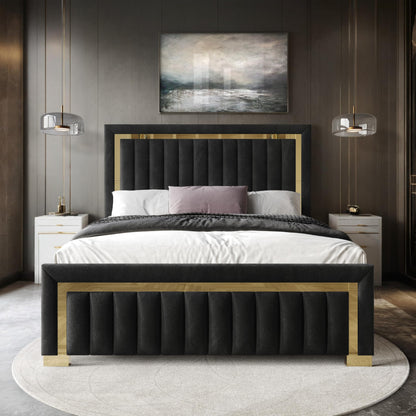 HOME DESIGN Olathe King Size Upholstered Panel Bed Frame, Vertical Channel Tufted Headboard with Gold Metal Accent, Velvet Fabric, Platform Design, Box Spring Required, Black