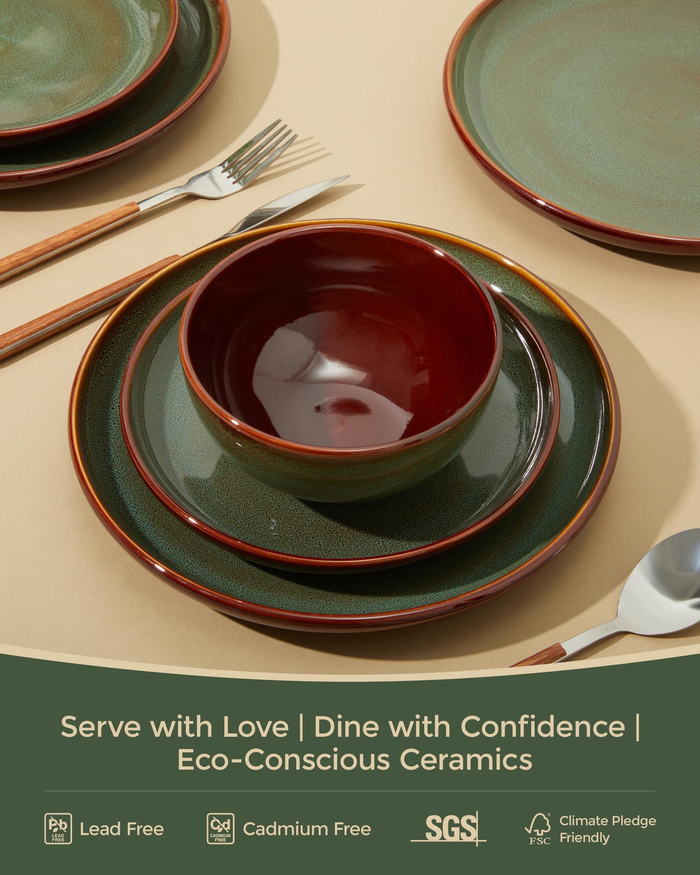 Pokini Stoneware Dinnerware Sets, Ceramic Plates and Bowls Set, Microwave & Dishwasher Safe Kitchen Dishes, Modern Dinner Salad Plates | Cereal Bowls, Dishware Sets Service for 4 Sage Green