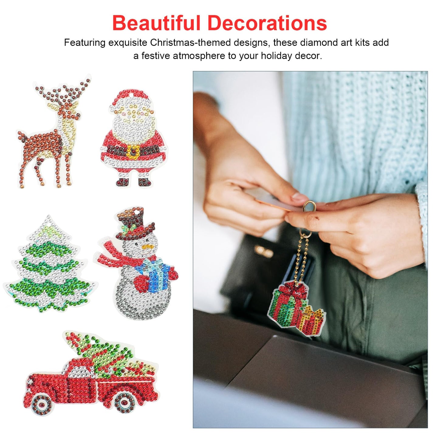 Garneck 12Pcs Christmas Diamond Art Ornaments Double Sided Xmas Diamond Art Painting Keychain Snowman Bell Santa Claus Diamond Kits for Xmas DIY Crafts Hanging Ornaments Home Decor