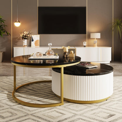 Ball & Cast Round Coffee Table Set of 2,Nesting Desk with Drawers,Smooth Durable Marble Tabletop and Fluted Design,Easy Care & Stain Resistance 31.5" for Bedroom,Living Room,Black & Gold