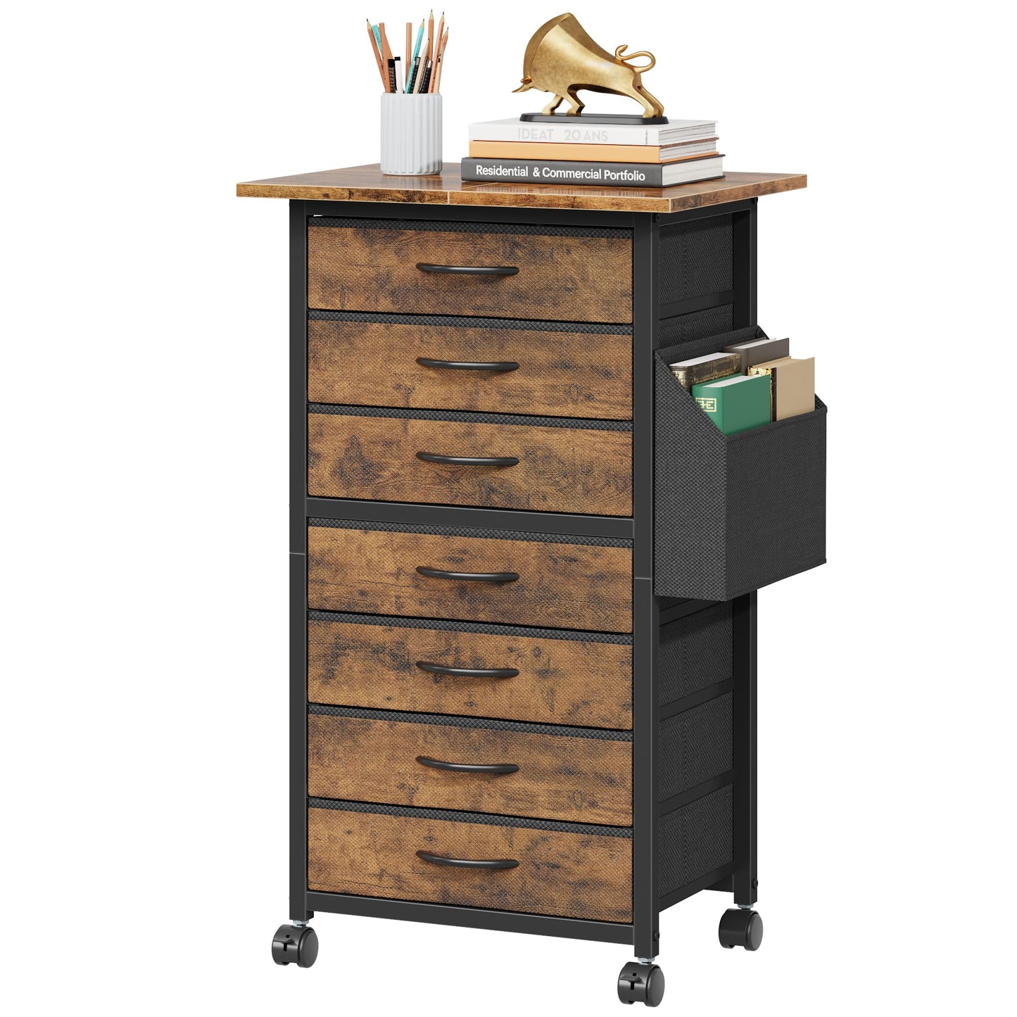 HIGDBFE 7 Fabric Drawers File Cabinet with Side Pocket, Rolling Printer Stand with Storage for Home Office, Wood Top Storage Cabinet for Documents and Crafts, Rustic Brown, 15" D