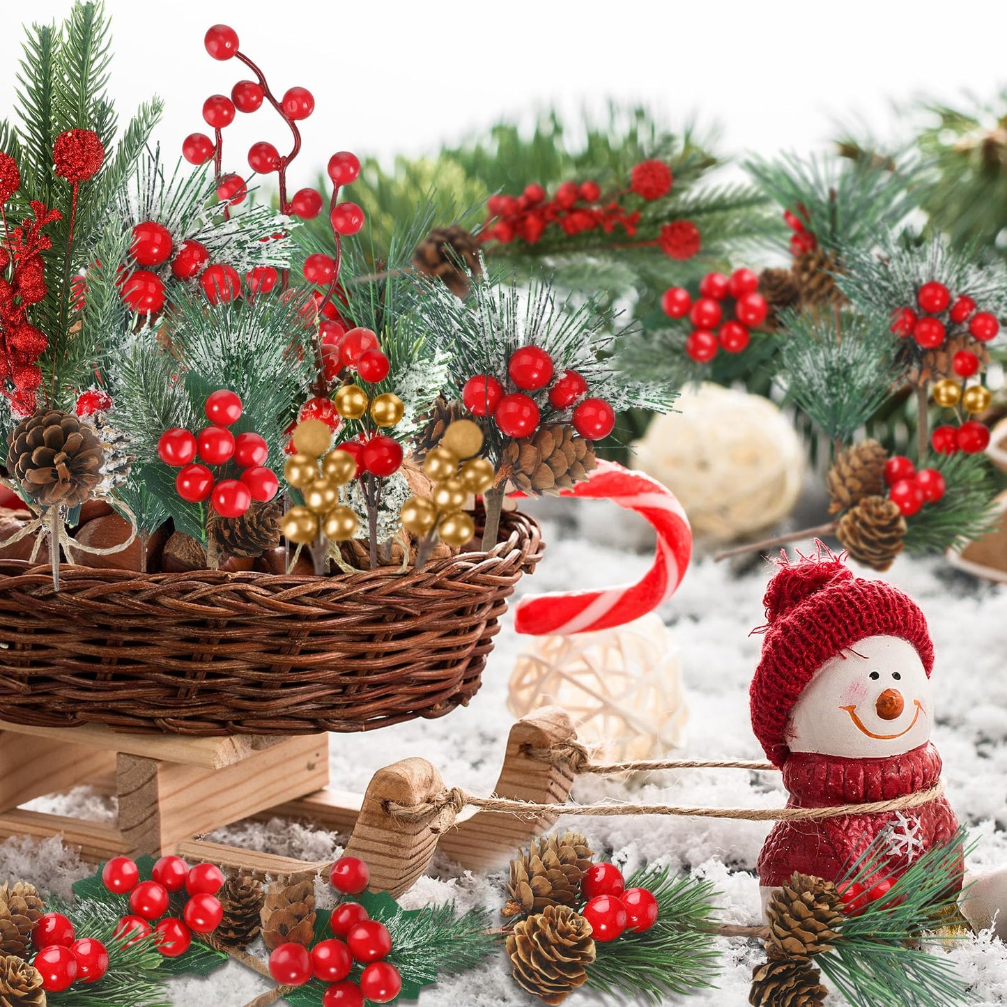 Riceshoot 42 Pcs Christmas Picks with Pine Cones Holly Berry Artificial Red Berries Stems Pine Branches Small Christmas Berry Picks for Crafts Wreath Garland Decoration