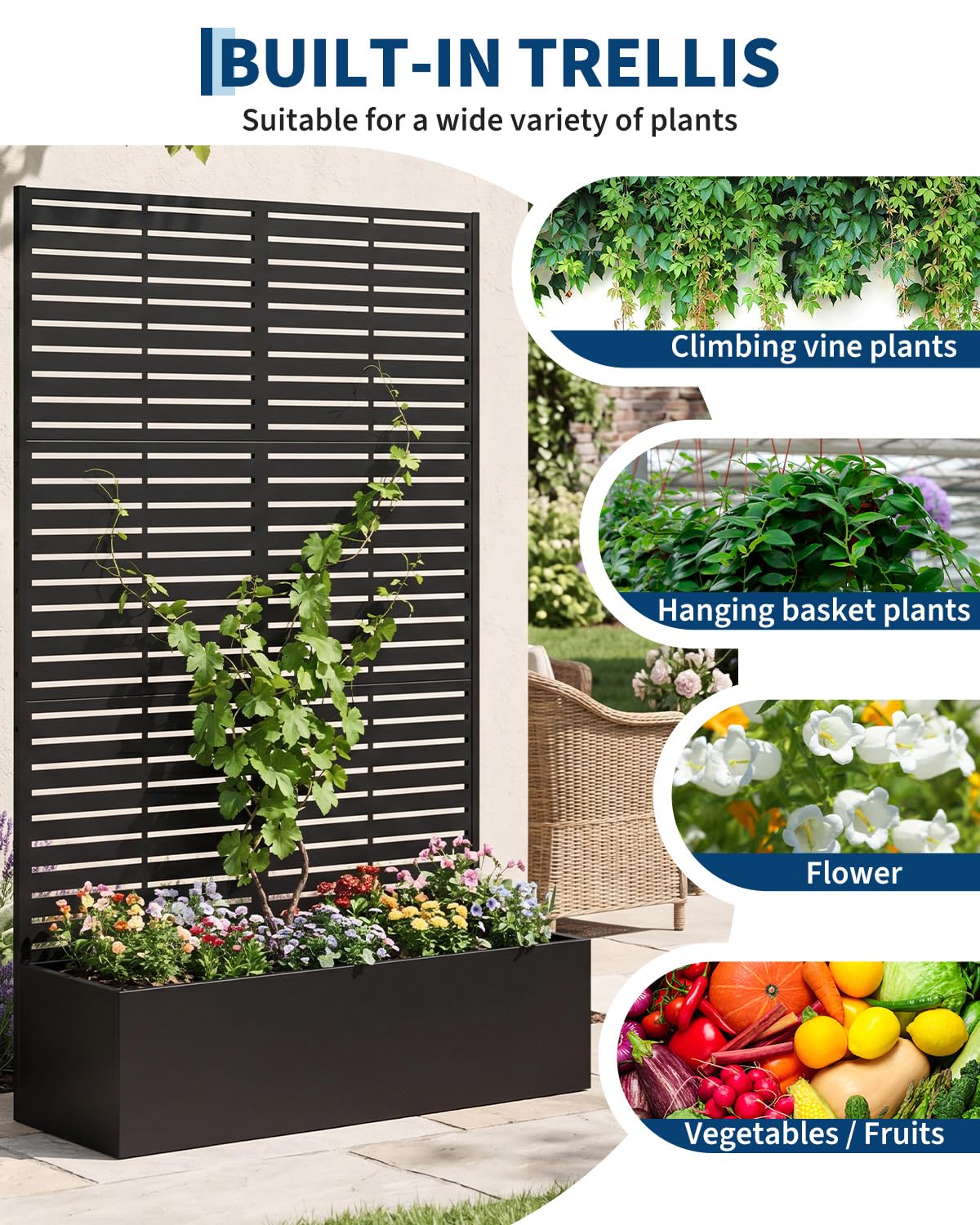 Metal Planter Box with Trellis, 71" H x 44" W x 16" D, Outdoor Raised Garden Bed with Privacy Screen & Drainage Holes, All-Weather Patio Planter for Climbing Plants, Vegetable, Vines, Louvered