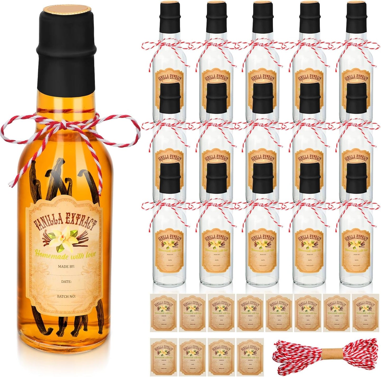 16 Bean(Black,5 oz) Tioncy Pcs Empty Vanilla Extract Bottles for Homemade Vanilla Jar Glass Bottle with Cap, Shrink