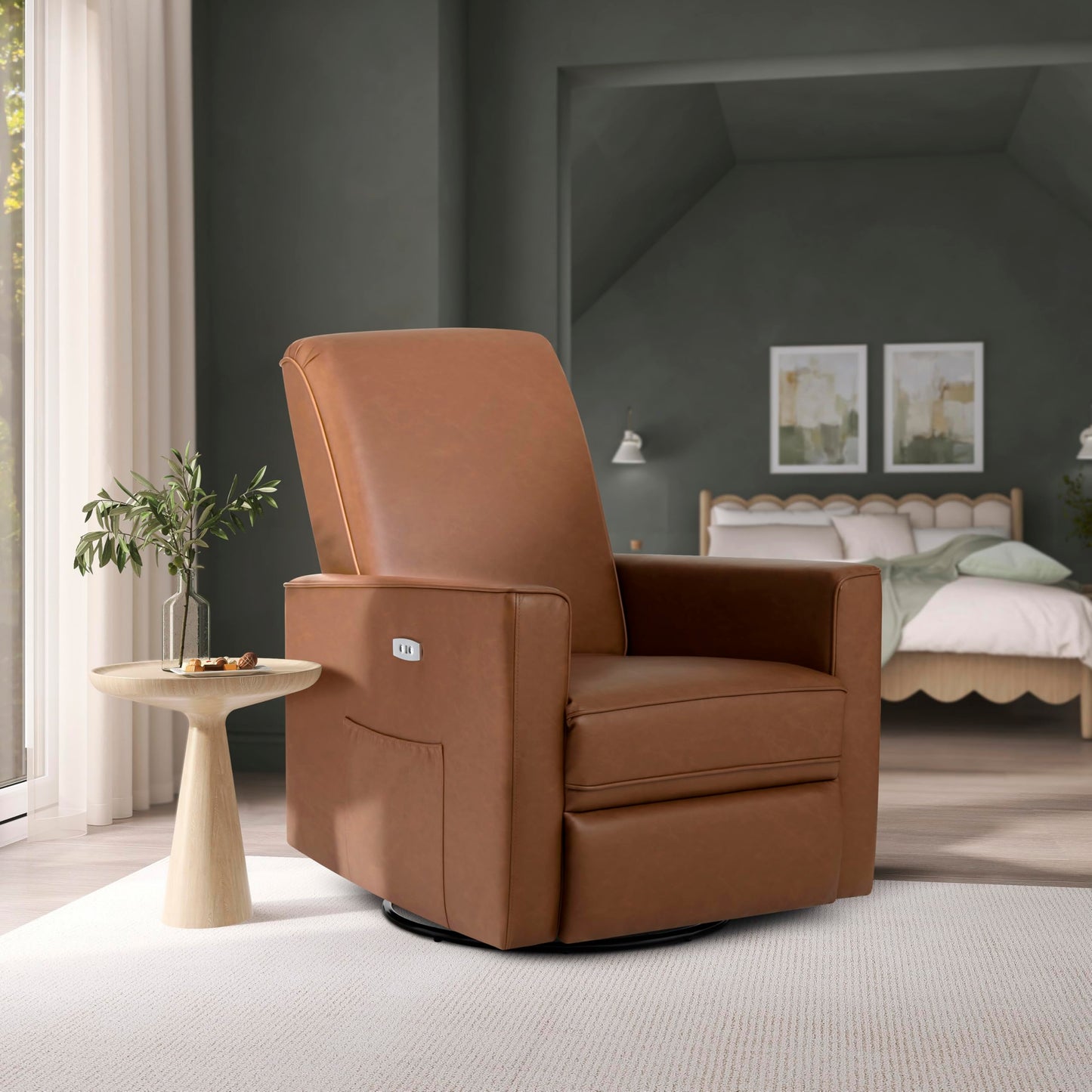 Evolur Harlow Upholstered Power Glider Recliner with USB Charging – Rocking & 275° Swivel with Smooth Glide – Greenguard Gold & FSC Certified – Modern Nursery and Living Room Chair in Cognac