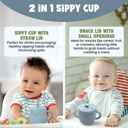 Baby Feeding Essentials, Baby Led Weaning Supplies, Silicone Baby Feeding Set, with Baby Spoon, Fork, Baby Bib, Sippy Cup, Suction Plate, Suction Bowl, Baby Eating Essentials, 6+ Months (Dusty Blue)