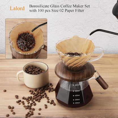 Pour Over Coffee Maker, 20 oz Borosilicate Glass Set with 100 pcs V60 Paper Filter, Walnut Collar