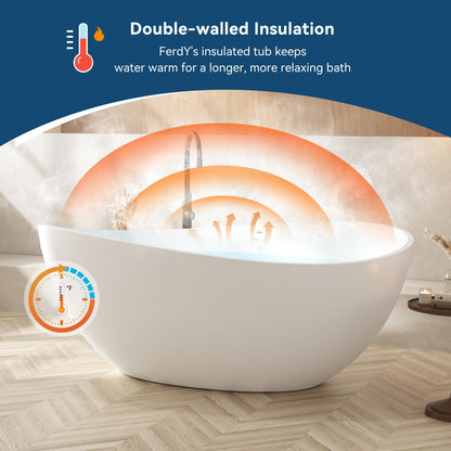 FerdY Lamu 63" Stone Resin Freestanding Bathtub, Gracefully Shaped Freestanding Bathtub, Solid Surface Soaking Tub, Matte White, cUPC Certified, Pop-up Drain and Integrated Slotted Overflow