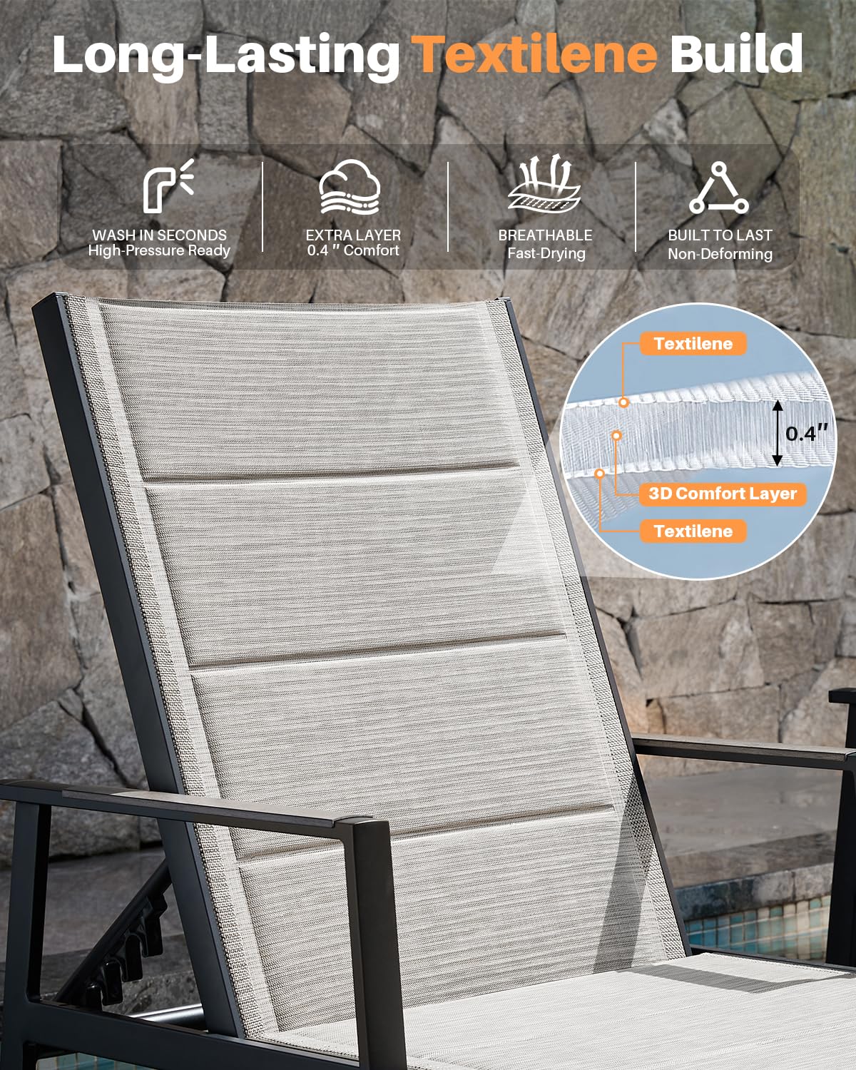 SEEHILL Outdoor Chaise Lounge Set of 2, Never-Rust Aluminum Patio Lounge Chairs with 3D Ultra-Thick Textilene, 6-Position Adjustable Backrest Pool Loungers for Sunbathing, Poolside, Beach, Lawn