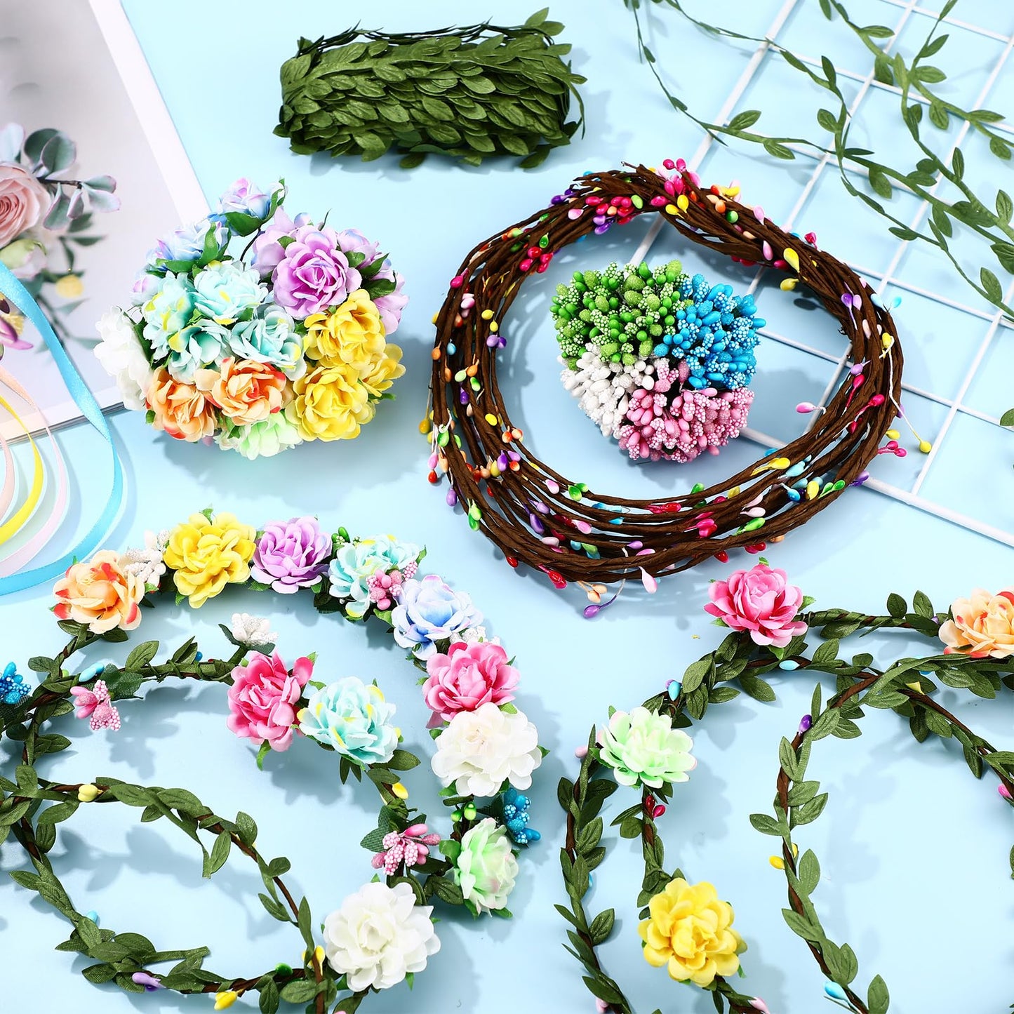 Zeyune 20 Sets Summer Tea Party Favor Flower Crowns Making Kit, Make Your Own Flower Crown Wreath Garland Headbands Craft Kit Handmade DIY Fairy Floral Hair Accessories Gift for Women(Blooming Rose)