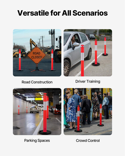 VEVOR 6 Pack Traffic Delineator Posts, 45 inches Traffic Safety Cones with Weighted Base and Reflective Strips, Heavy Duty Delineator Posts for Construction Site, Parking Lot, Crowd Control, Red