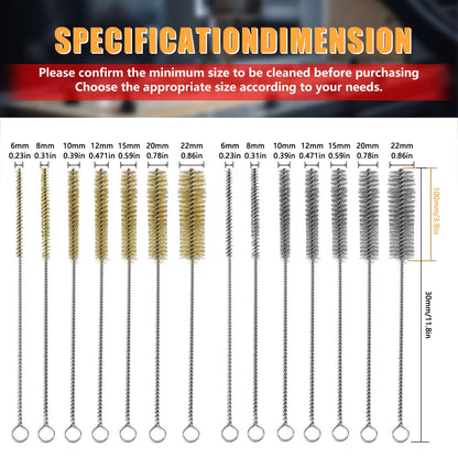 14pcs Brass Wire Brush Stainless Steel Wire Brushes Bottle Brush Set, 12" Round Wire Brushes, Tube Cleaning Brush for Pipe, Tube, Auto Parts, Bottles (6mm/8mm/10mm/12mm/15mm/20mm/22mm)