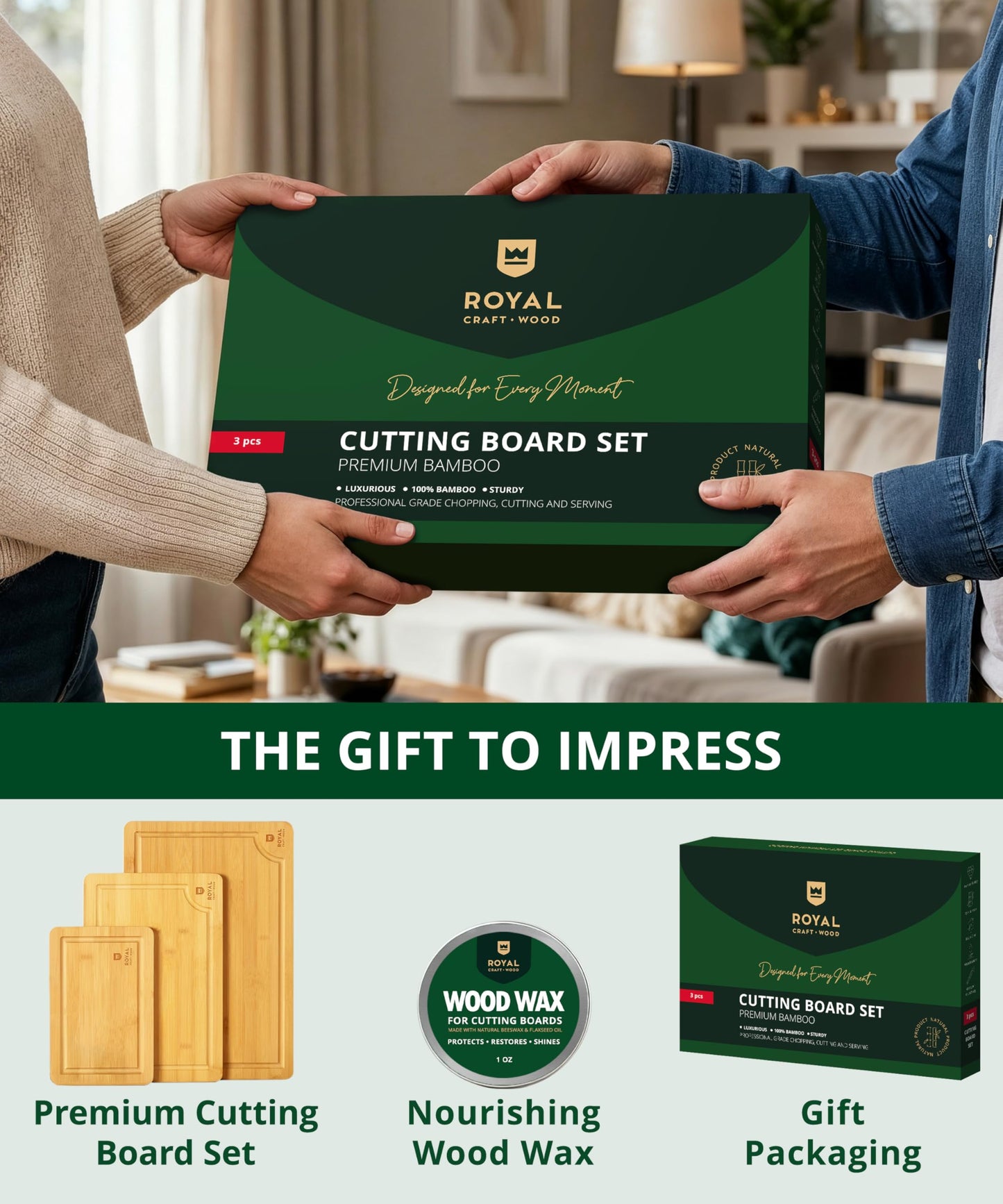 ROYAL CRAFT WOOD Wooden Cutting Boards for Kitchen Meal Prep & Serving - Bamboo Wood Serving Board Set with Deep Juice Groove Side Handles - Charcuterie & Chopping Butcher Block for Meat