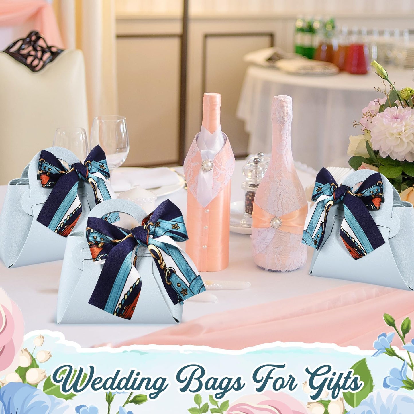Abbylike 18 Pcs PU Leather Purse Gift Bags with Handles Ribbon Wedding Purse Party Favor Candy Boxes Treat Goodie Bag for Birthday Bridal Baby Showers Party (Blue)