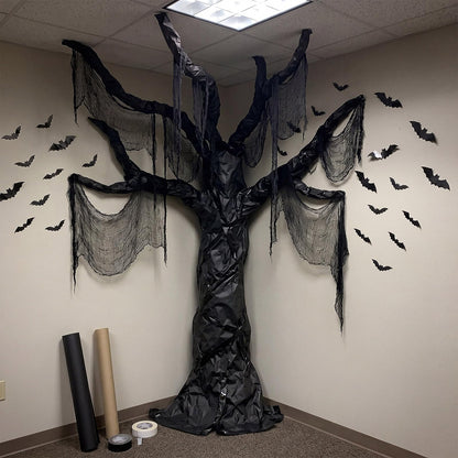 Humyoun 29 Pcs Halloween Spooky Tree Wall Decor DIY Kit, 24 Realistic 3D Bat Stickers, Black Scary Cloth, 2 Kraft Paper Rolls, 2 Tapes Creepy Haunted House Backdrop for DIY Craft Outdoor Indoor Party