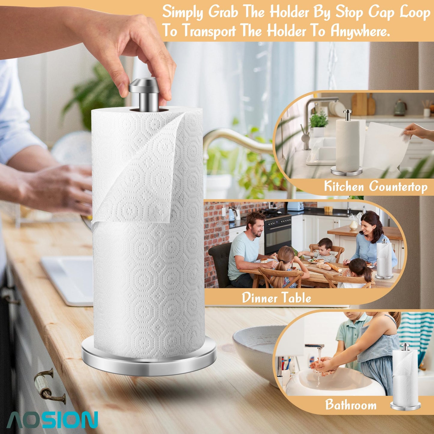 AOSION 2 Piece Stainless Steel Weighted Paper Towel Holder Countertop, Silver Vertical Kitchen Bathroom Paper Towel Holder, with Non-Slip Base