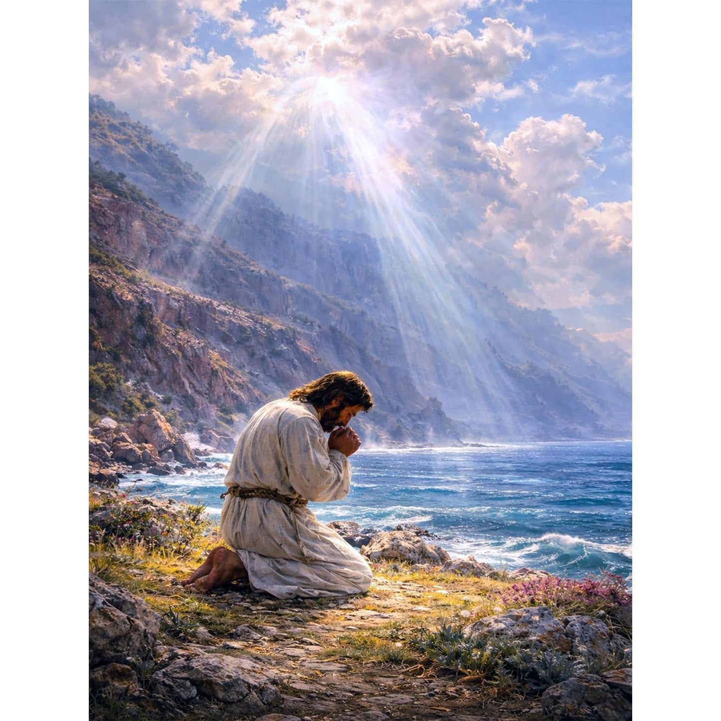 IOHEFY Jesus Prayer by The Sea 5D Diamond Painting Kits for Adults Beginners 12x16 Inch Full Drill Diamond Art Religious Christian Seascape Rhinestone Acrylic Canvas Wall Decor Gift Easter Christmas