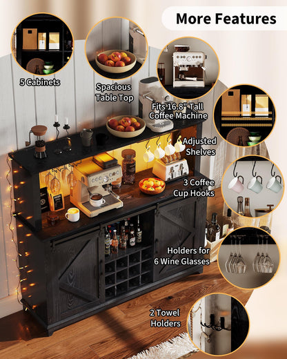 IDEALHOUSE 55" Farmhouse Coffee Bar Cabinet with Power Outlet & LED Light - Sliding Barn Door Buffet with Removable Wine Rack, 2-Tier Drawers, for Kitchen, Dining & Living Room, Black