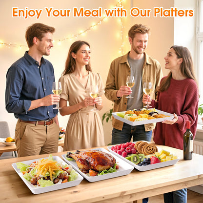 4-Pack Serving Tray, Serving Platter for Parties, Entertaining, Camping & Food Display, Reusable & Stackable Plastic Trays in Kitchen, Rectangular Food Platters for Cookie, Appetizer(White)