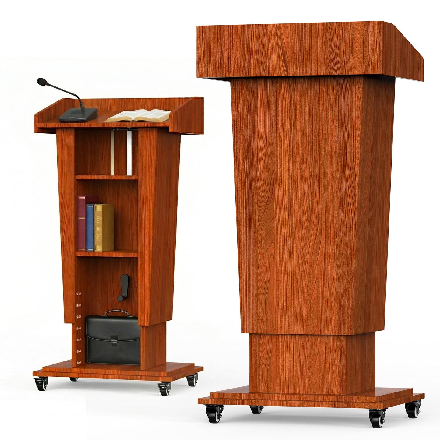 GARVIN Wooden Podium Stand with Wheels, 43"-55" Adjustable Height Podium Stand with Hand Crank, Wooden Pulpit for Churches with Storage Shelves&Cable Management Hole for Schools, Auditorium