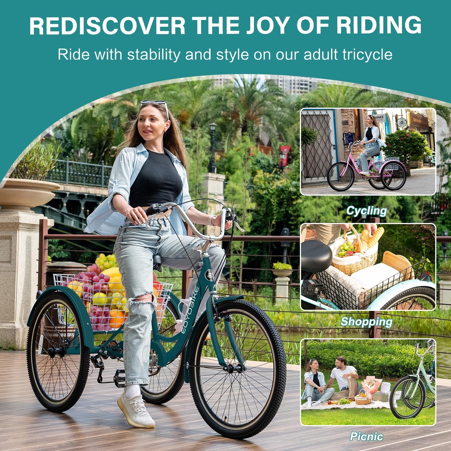 MOPHOTO Adult Tricycle 7 Speed, 20/24/26 Inch Low Step-Through Adult Trike with Large Rear Basket, 350 lbs Capacity 3 Wheel Bike for Seniors, Women and Men