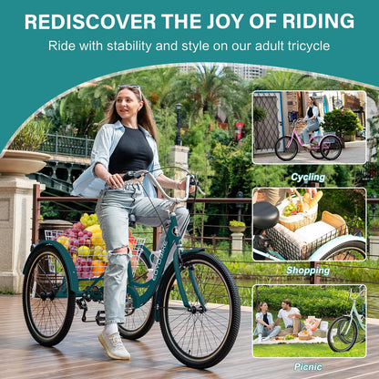 MOPHOTO Adult Tricycle 7 Speed, 20/24/26 Inch Low Step-Through Adult Trike with Large Rear Basket, 350 lbs Capacity 3 Wheel Bike for Seniors, Women and Men
