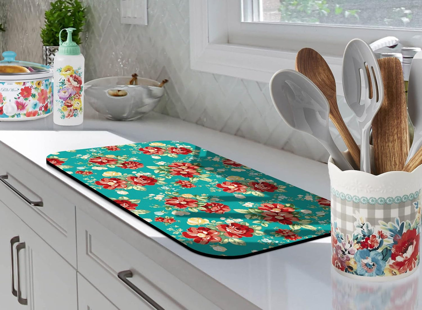 Coffee Bar Mat Accessories for Countertop, Pioneer Flower Rubber Backed Dish Drying Mats, 20x12in, Fit Under Coffee