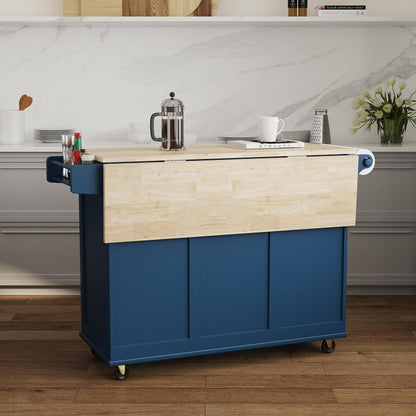 Homestyles Mobile Kitchen Island Cart with Wood Top and Dropleaf Breakfast Bar, Blue