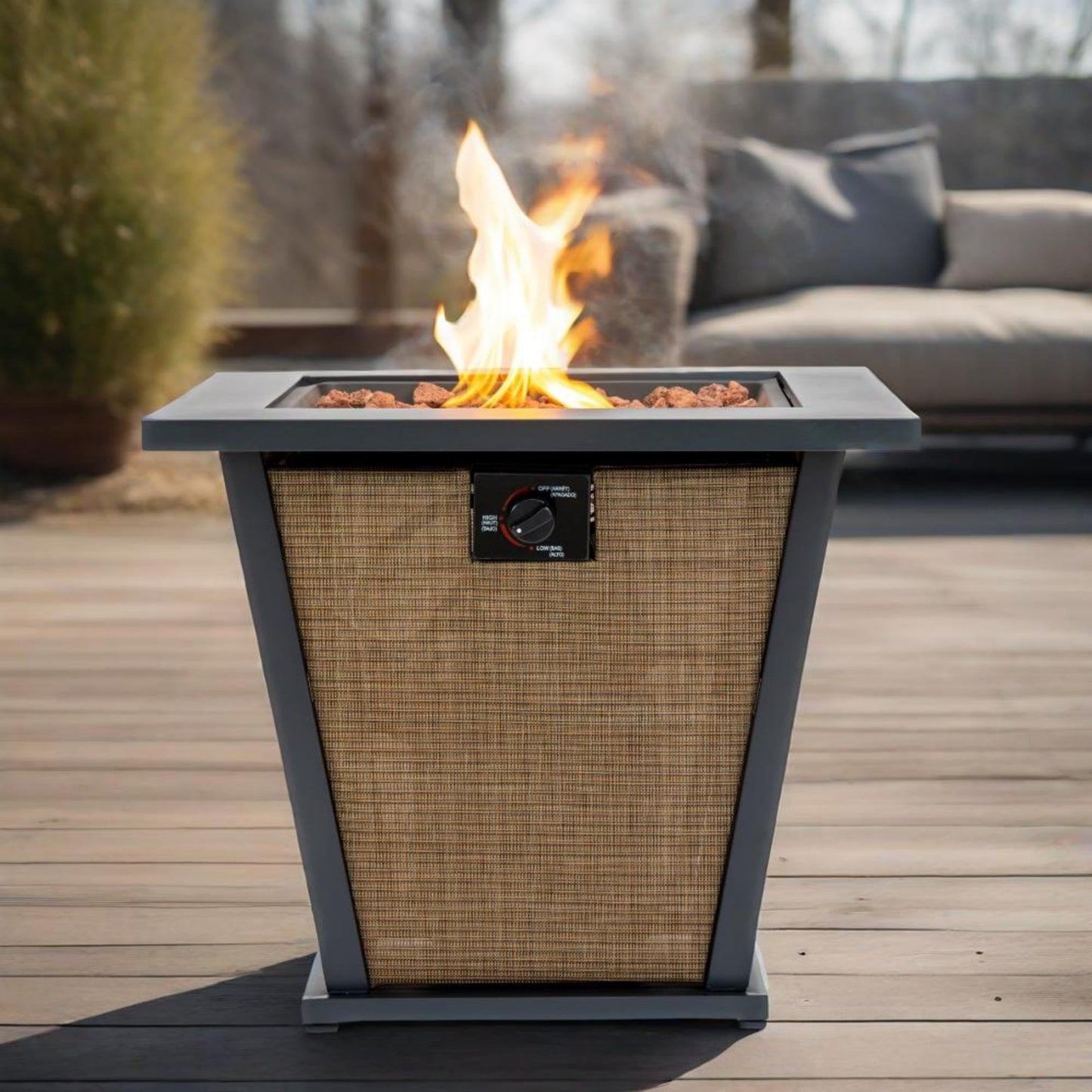 28" Propane Gas Fire Pit Table, 50000 BTU Square Outdoor Fire Pit with Steel Tabletop & Textilene Base, Patio Fire Table with Lid, Lava Rocks & Rain Cover for Backyard Deck Garden, Brown