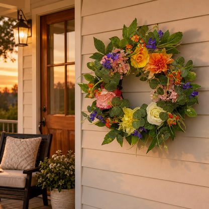 Svndlyn 22 Inch Lighted Spring Summer Floral Wreath with Faux Flowers