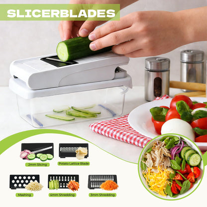KISIQI Vegetable Chopper With Container 4.5" x 9", 17-in-1 Food Chopper with Onion Slicer & Potato Slicer, Built-in Storage Box for Kitchen Gadgets, Includes Safety Gloves & Peeler for Home Essentials