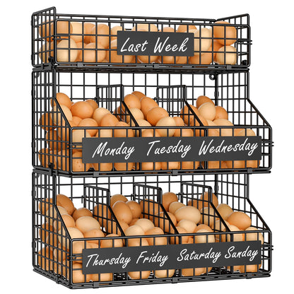 keomaisyto Egg Holder Countertop with 5 Dividers & DIY Nameplate to Separate Eggs, 3 Tier Stackable Wire Storage Baskets for Gathering Fresh Eggs, XXL Large Egg Rack, Wall-Mounted (Patent Pending)