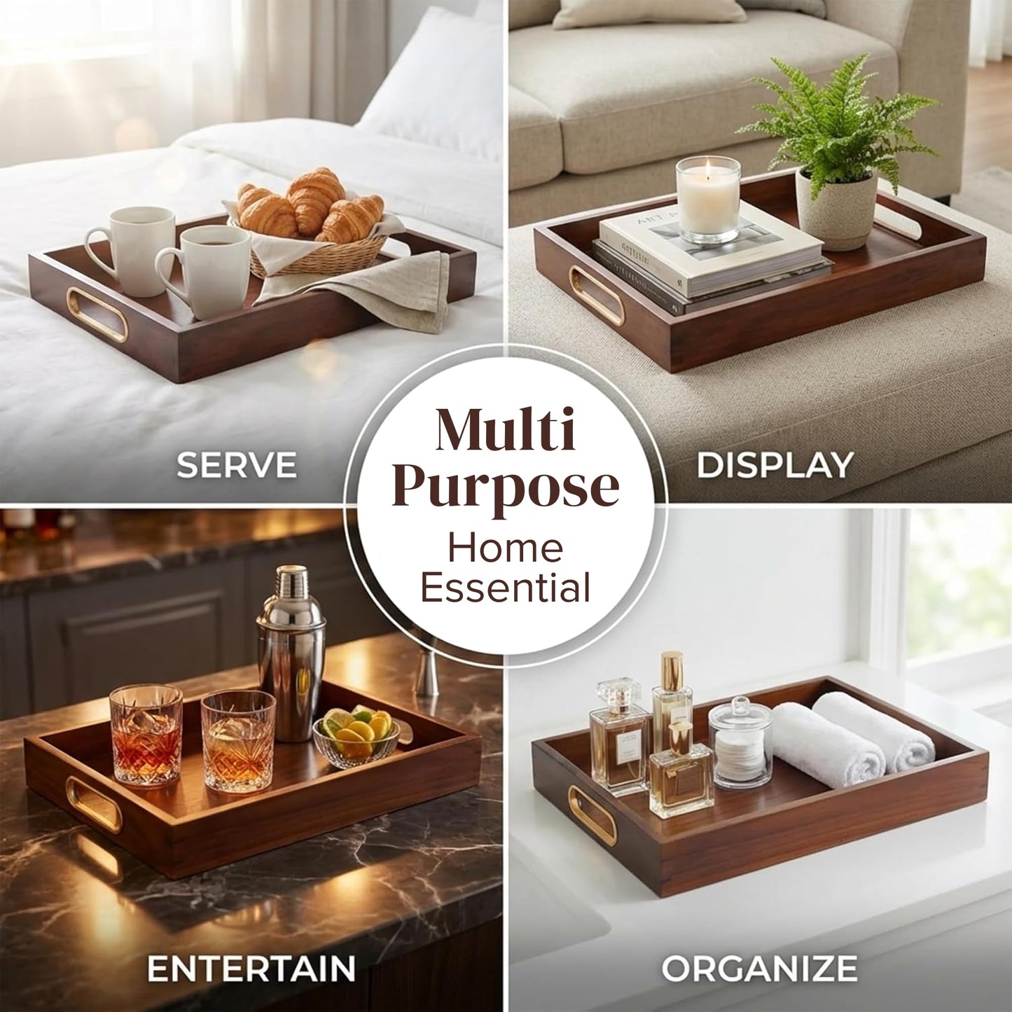 Jack & Juliet Teak Wood Ottoman Tray – Large Wooden Multifunctional Tray with Real Brass Handles - Non Slip Base in Food-Safe Finish - Gift-Ready Packaging for Coffee Table and Home Decor (Walnut)
