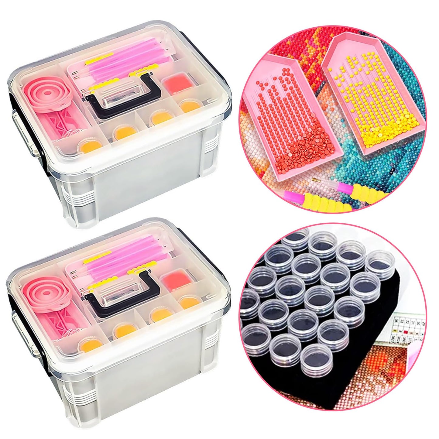 CXJINZE Diamond Painting Tools Accessories Storage-Kit - 111Pcs 5D Set Portable Tool Box with Handle Craft Jewelry Bead Storage Pink Box Art Trays for Diamond Painting Accessories and Tools