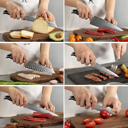 16-Piece Damascus Knife Set with Block, VG10 67-Layer Damascus Steel Kitchen Knife Set with Triple-Rivet Handles, 6 Steak Knives, Meat Fork, Sharpener & Scissors, Natural Wood