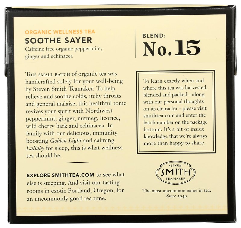 STEVEN SMITH TEAMAKER Smith Teamaker Organic Soothe Sayer No. 15 (Caffeine-free Organic Wellness Tea), 1.05 Oz, 15Count