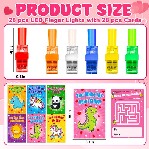 28PCS LED Finger Lights Valentines Day Gifts for Kids School Classroom Valentine Exchange Cards for Toddlers Boys Girls Class Valentine’s Day Gift Light Up Party Favors Treat Goodie Bags Stuffers Bulk