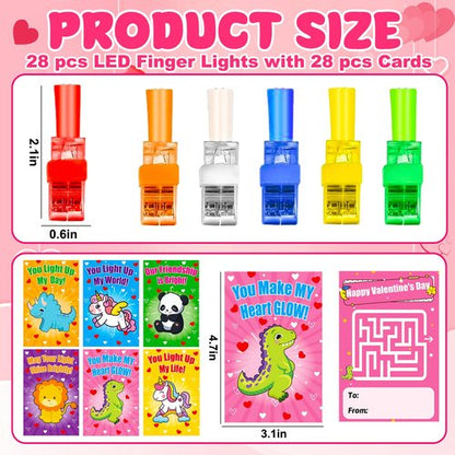 28PCS LED Finger Lights Valentines Day Gifts for Kids School Classroom Valentine Exchange Cards for Toddlers Boys Girls Class Valentine’s Day Gift Light Up Party Favors Treat Goodie Bags Stuffers Bulk