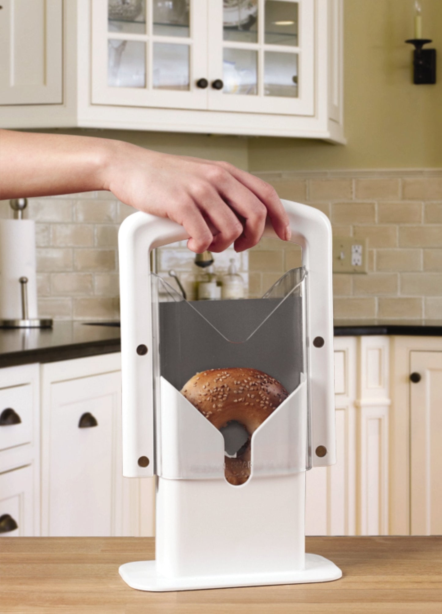 Hoan Bagel Biter Slicer and Cutter with Safety Shield - Serrated Blade Cuts Bagels, Muffins, Buns and Rolls - Dishwasher Safe Bagel Guillotine, 9.25 Inches Tall, White