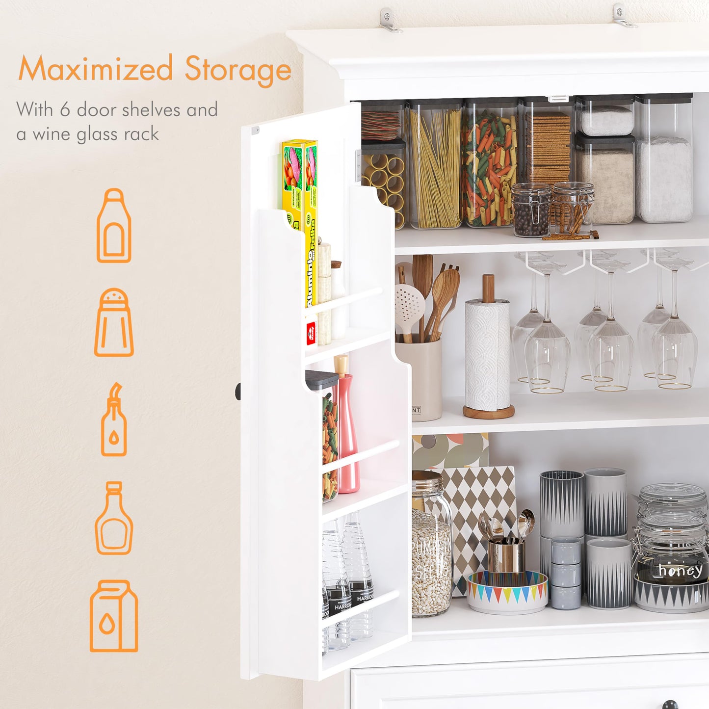 Spirich 71'' Tall Kitchen Pantry Cabinet, Wood Food Pantry Cabinet with Drawers and Wine Glass Rack, Freestanding Storage Cabinet for Kitchen, Living Room, Dining Room, White