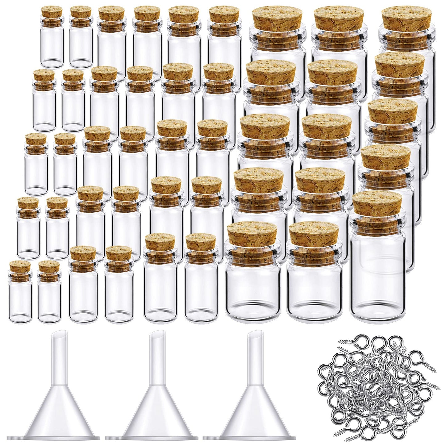 Sherli 45 Pcs Small Mini Glass Bottles with Cork Stoppers Small Glass Jars with Lids Tiny Spell Jars with 50 Eye Screws and 3 Funnels for DIY Art Craft(0.5ml, 1ml, 3ml, 5ml, 10ml)